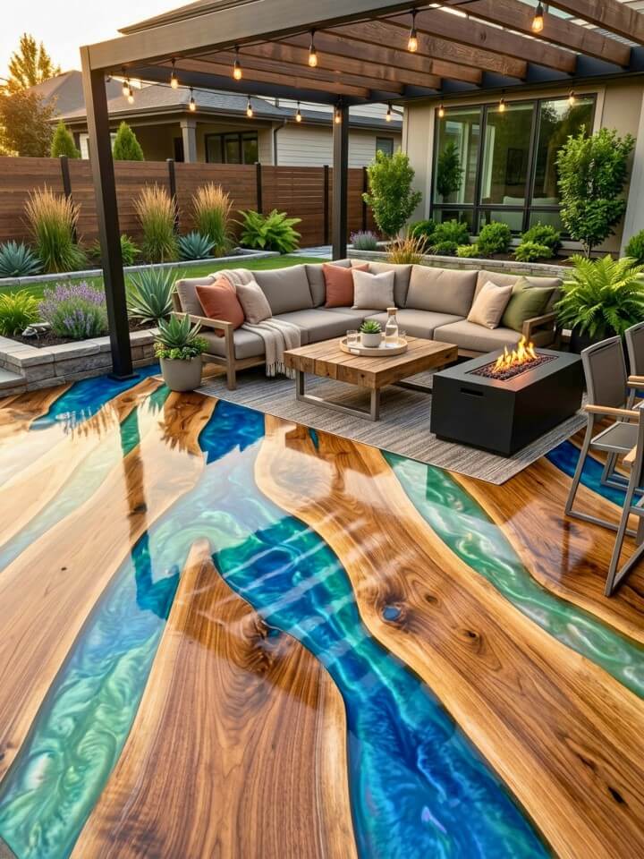 wood grain resin river patio floor