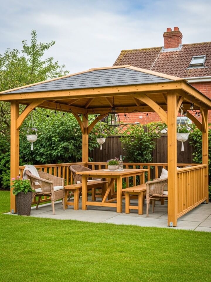 wooden backyard pavilion with open sides