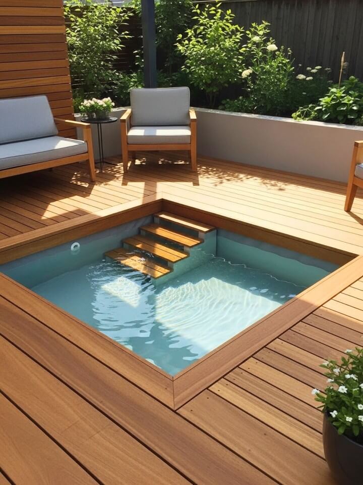 wooden deck inset dog pool for small patios