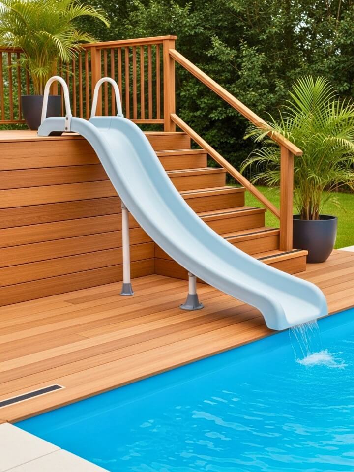 wooden deck slide for a resort style pool