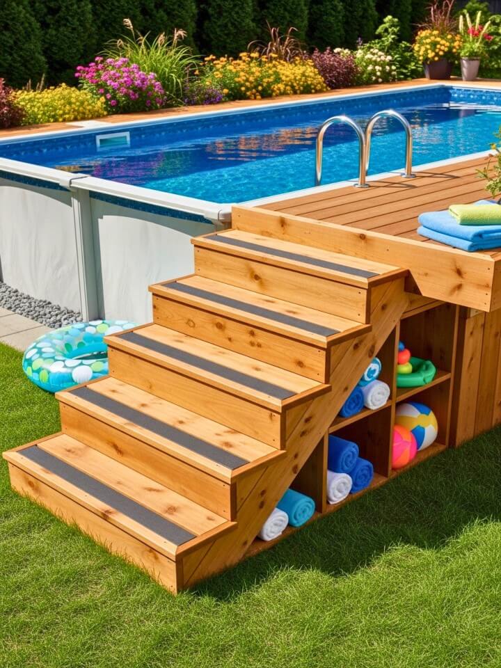 wooden deck steps with built in storage for above ground pool