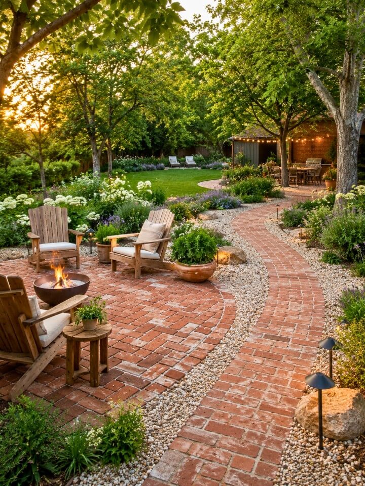 beautiful mixed brick and gravel patio idea