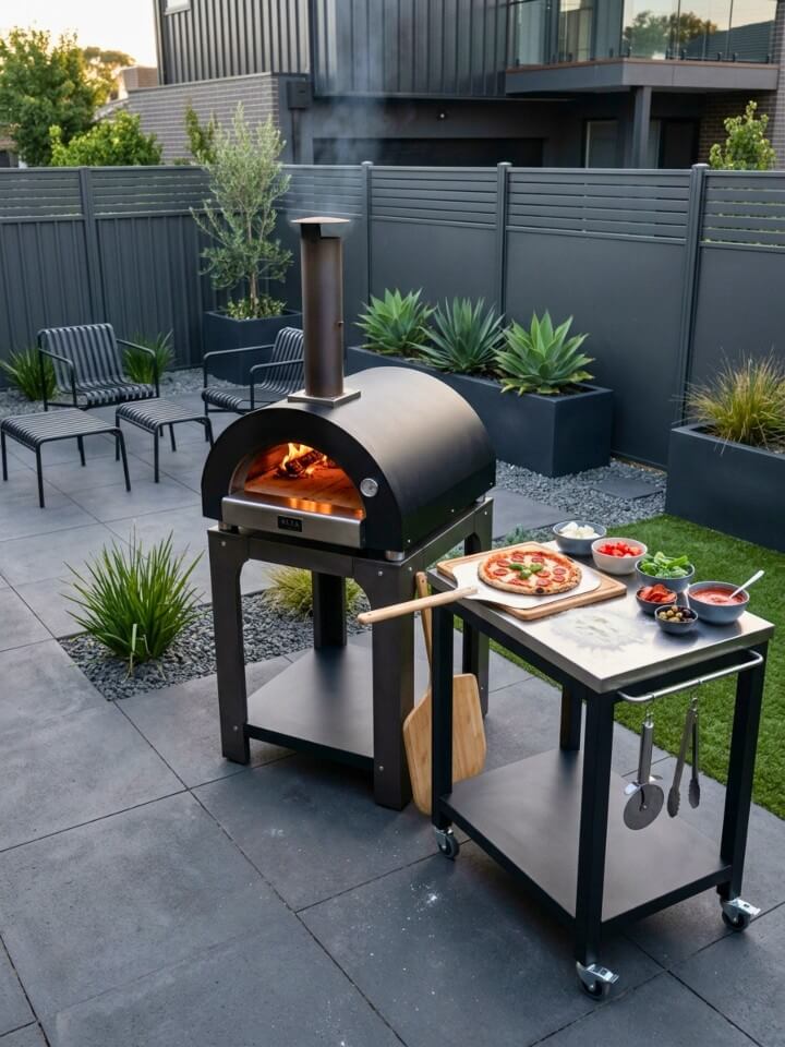 black steel pizza oven on stand