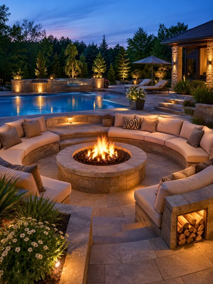 built in fire pit lounge for pool patio