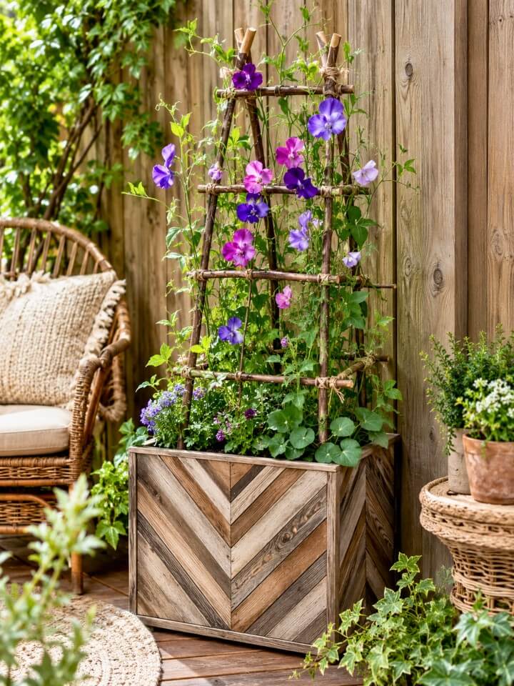 chevron pattern planter box with twig trellis