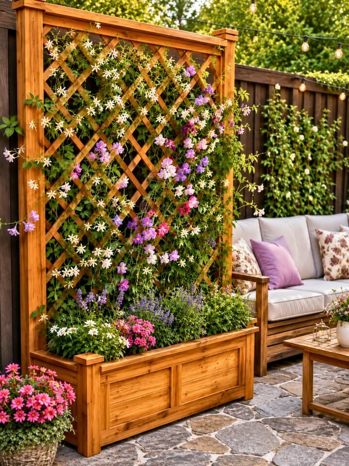 classic cedar planter box with trellis lattice garden