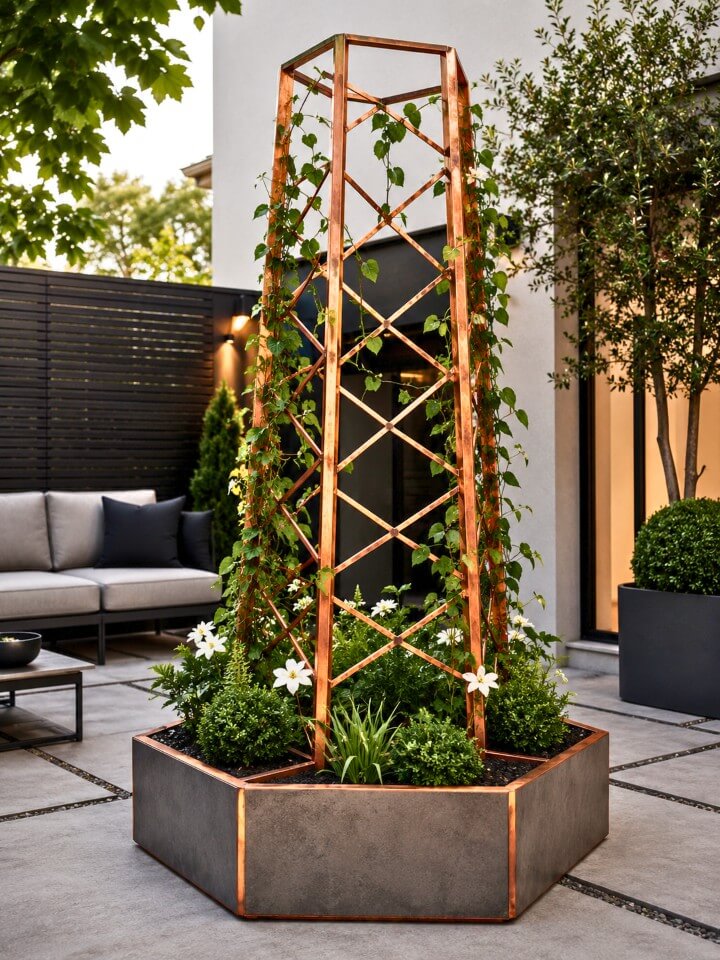 hexagonal copper trellis geometric planter