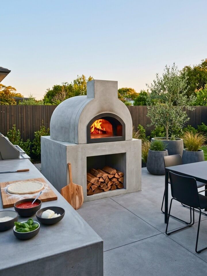 modern concrete backyard pizza oven