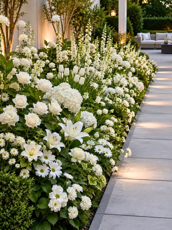monochrome white flower bed