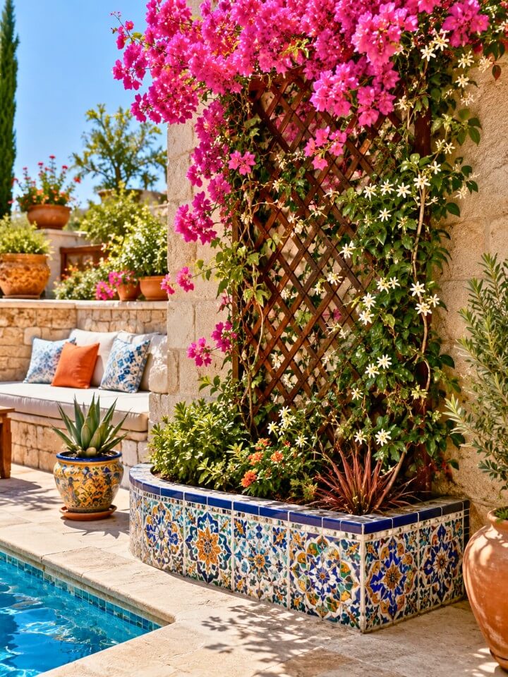 mosaic tile planter box with mediterranean trellis