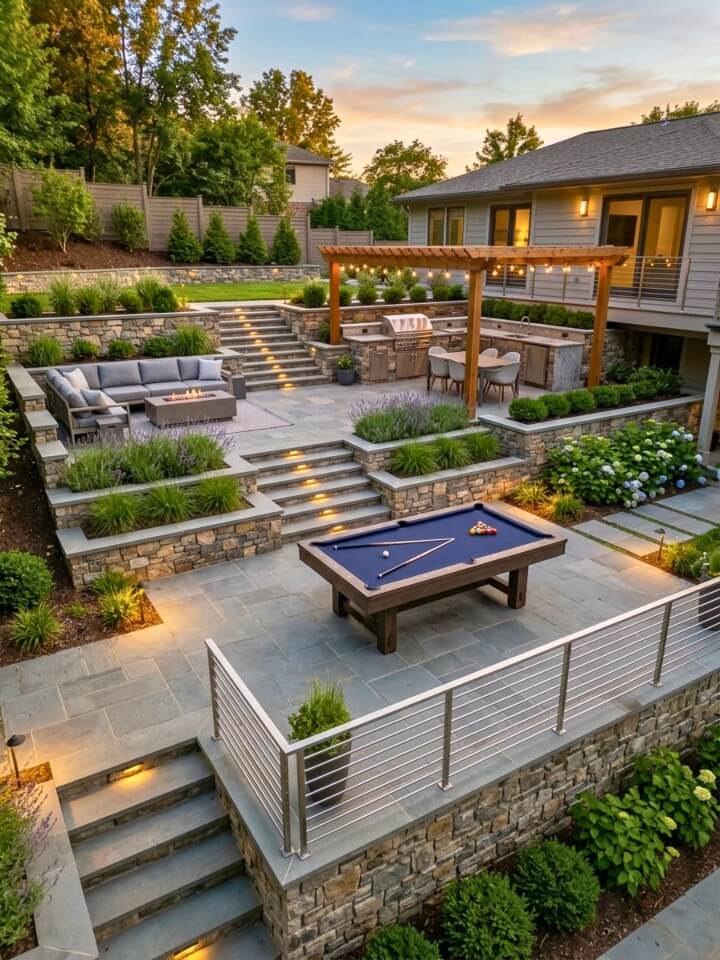 multi level outdoor pool table patio