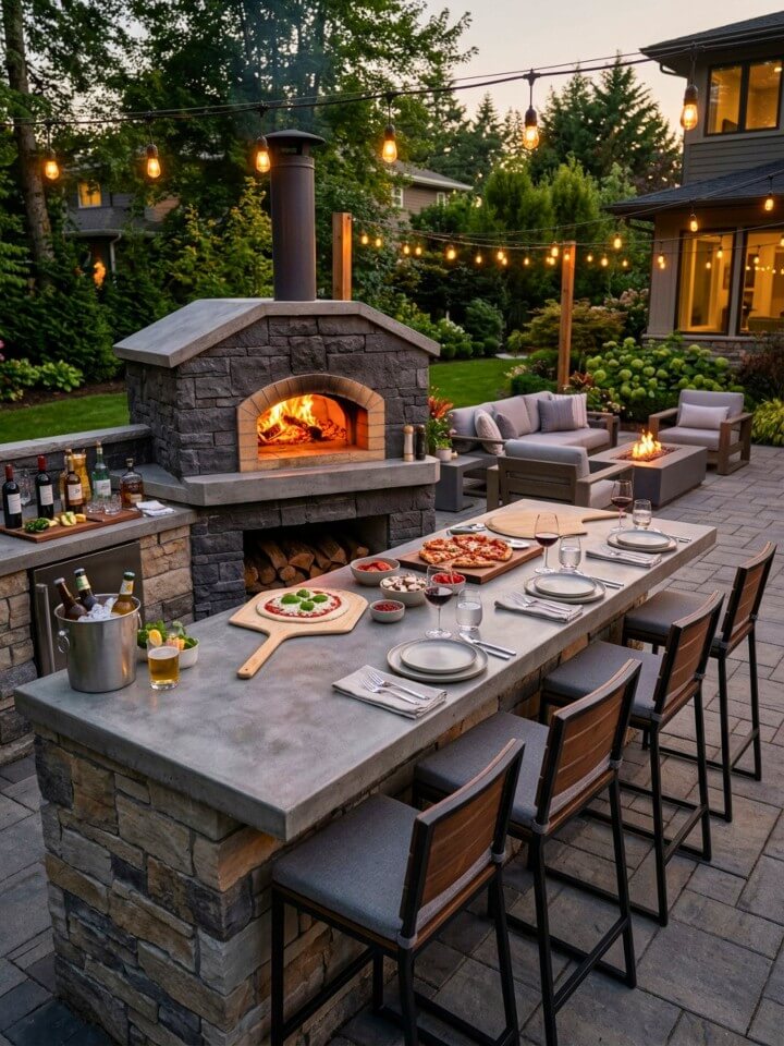 outdoor pizza oven with bar seating