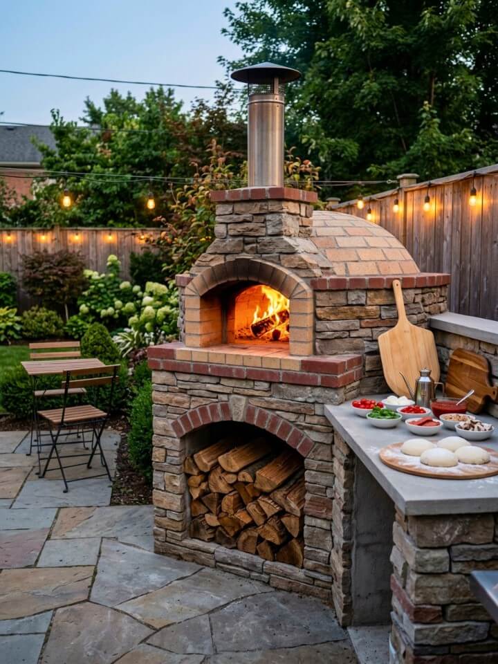 outdoor pizza oven with wood storage