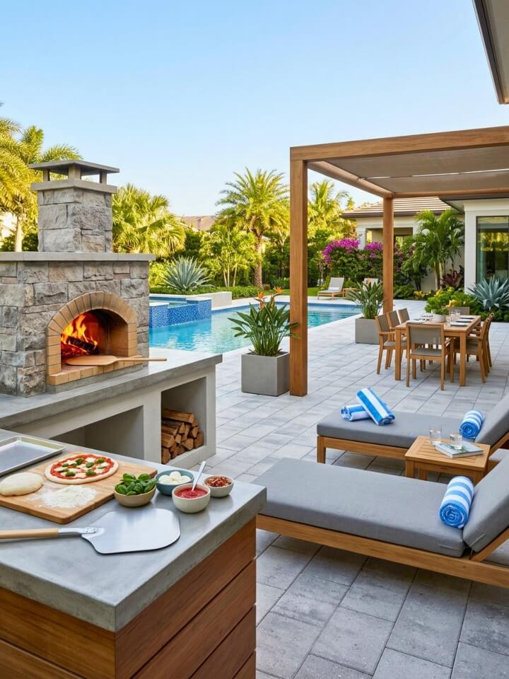 outdoor poolside pizza oven lounge