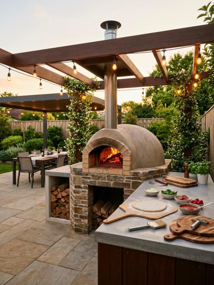 pizza oven with pergola cover