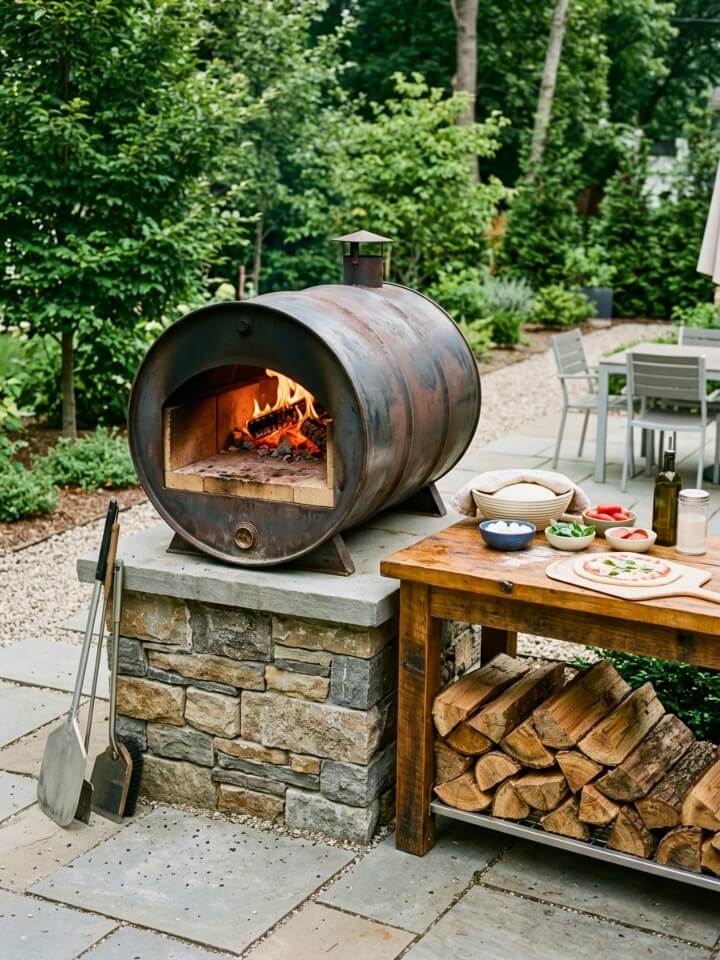 repurposed metal drum pizza oven