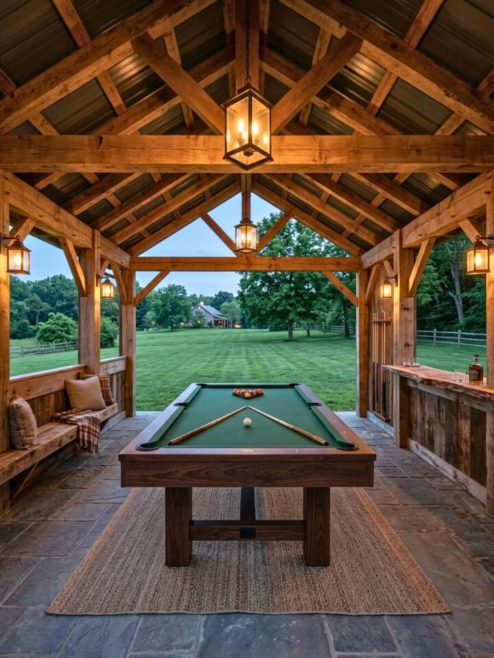 rustic barn pavilion billiards area