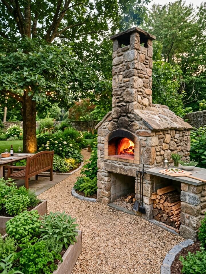 rustic stone pizza oven with chimney