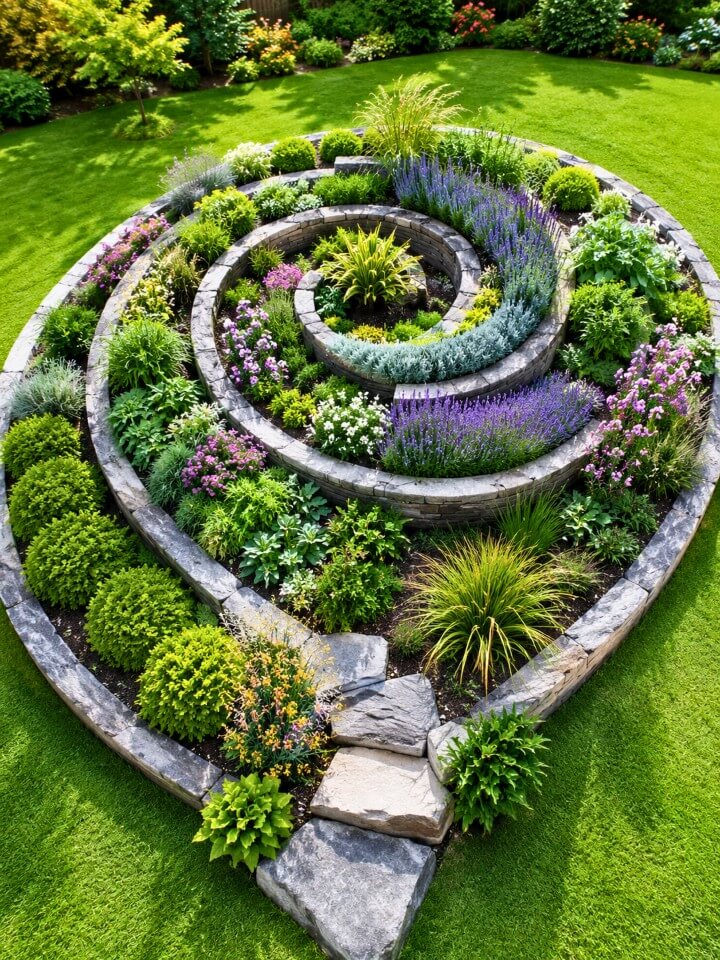 spiral flower bed modern yard layout