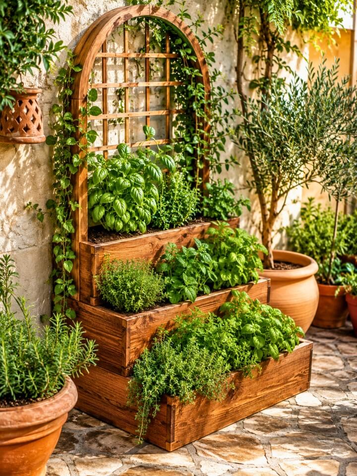 tiered herb planter box with arched trellis