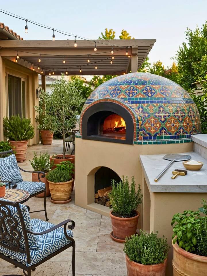 tiled mosaic outdoor pizza oven