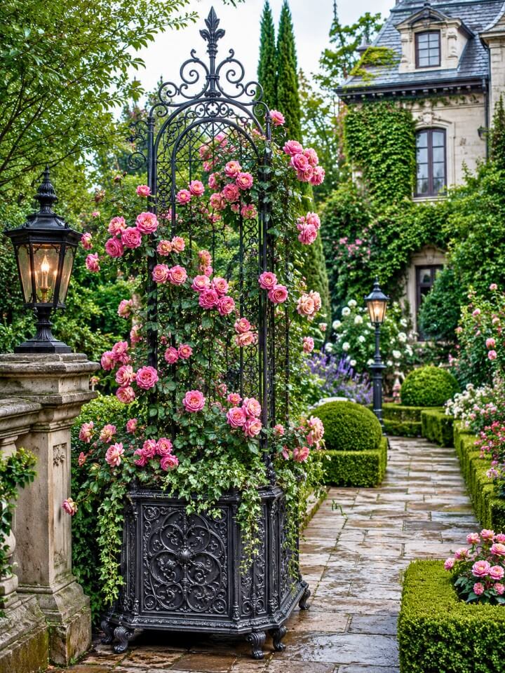 victorian style planter design with wrought iron trellis