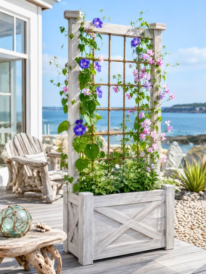 whitewashed coastal planter box with trellis rope
